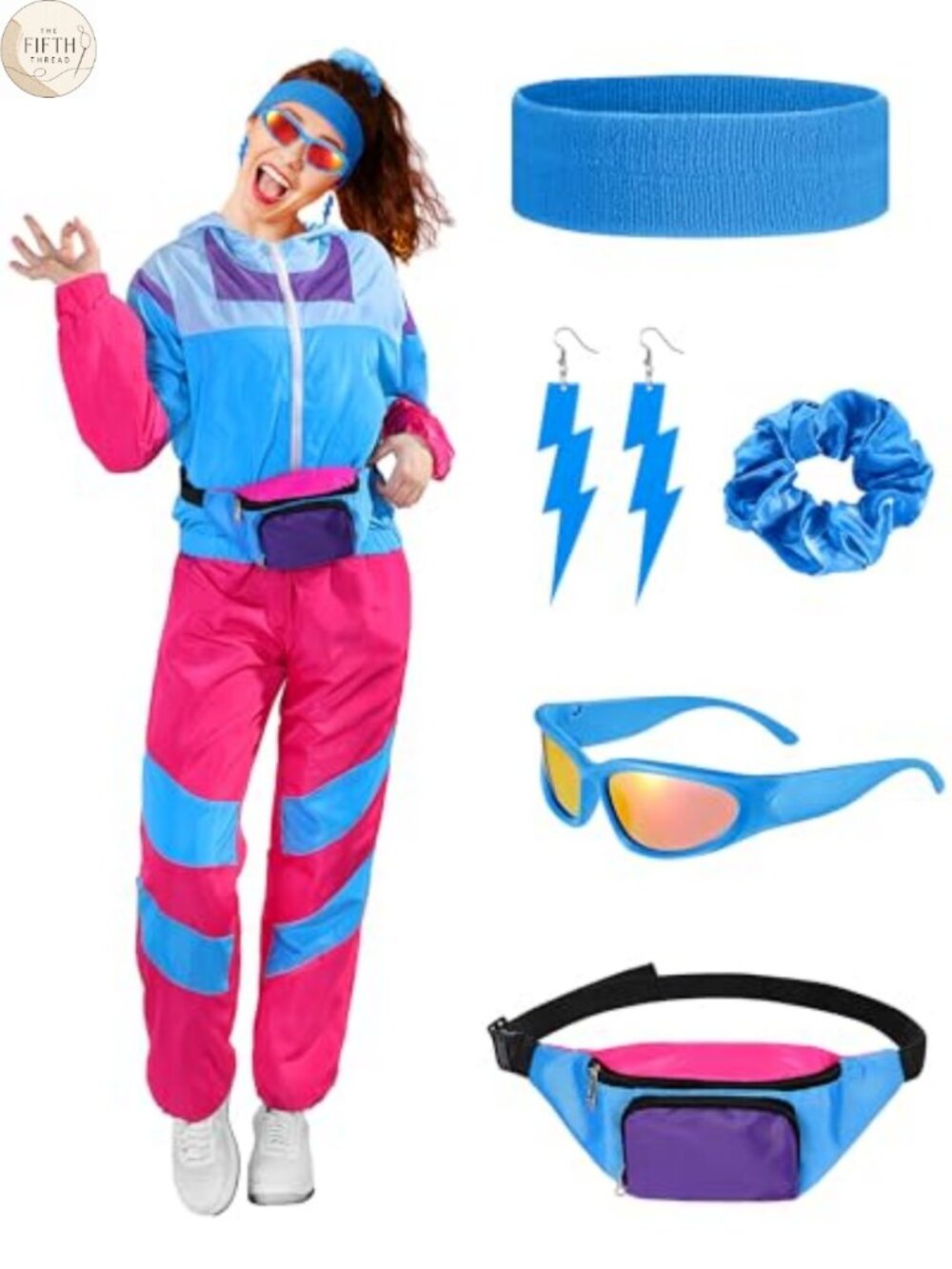 80s Outfit Set Women Pullover Jacket Pants Fanny Pack Sunglasses Hip Hop Costume